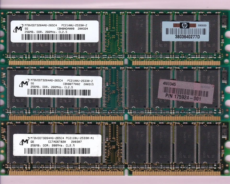 768MB 3x256MB PC-2100 MICRON MT8VDDT3264AG-265C4 HP 175924-001 DDR-266 DDR1 Kit - Image 1 of 2