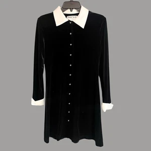 Ronnie Nicole Black Velvet Long Sleeve White Cuffs & Collar Gothic Dress - Picture 1 of 7