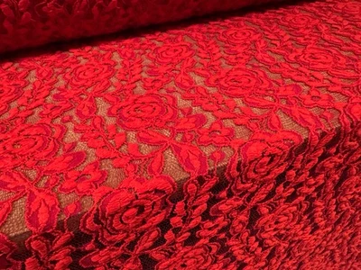 Rose Design Stretch Lace Dress Fabric,  Per Metre - Red - Image 1 of 4