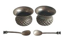 Pair  Vintage Scottish Silver Plate ? Thistle Salts With Thislte Spoons