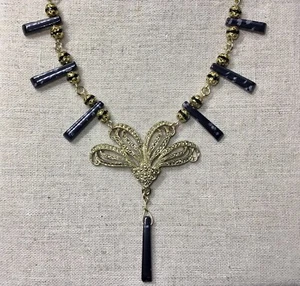 Art Deco Style Necklace-Obsidian Beads, Gold Tone, Upcycled Pieces, 16-19” - Picture 1 of 5