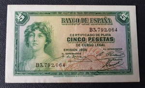 ESPAGNE - SPAIN - ESPANA NOTE - BILLET DE 5 PESETAS EMISSION 1935 SUP+. - Picture 1 of 2