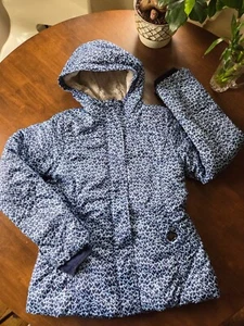 Lands End Girls Jacket Large (14) Blue Print Full Zip Hooded Outerwear - Picture 1 of 7