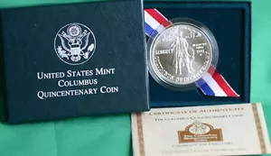 1992 Columbus Quincentenary US Mint Silver Dollar BU Coin with COA and Box - Picture 1 of 3