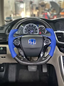Carbon fiber steering wheel for Honda Accord 9th Gen 2013~2017 Blue Leather - Picture 1 of 4