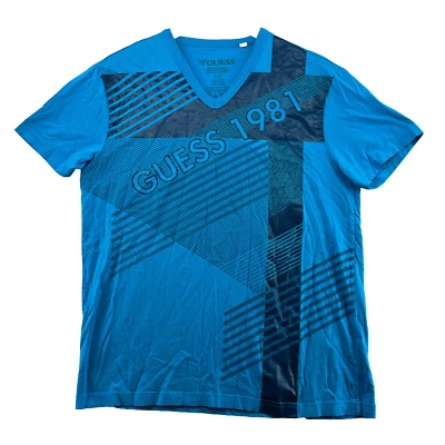 Guess 1981 Men's Size L Solid Blue Graphic Cotton Short Sleeve V-Neck T-Shirt - Image 1 of 4