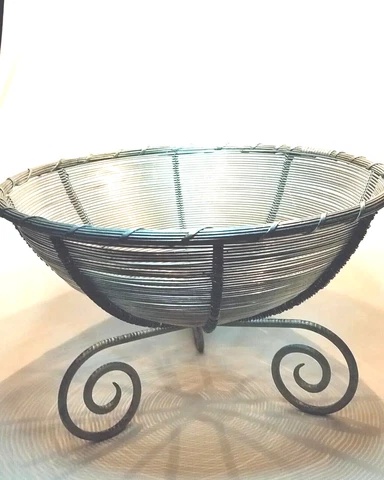 Handwoven Aluminum, French Style, 12" Round Wire Basket on Pedestal, 1990's Cover