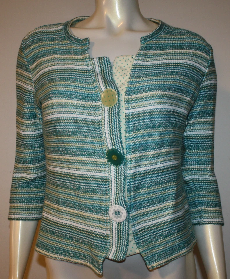Per Una Cardigan Sweater M Blue Striped  Button Trim 3/4 Sleeves - Image 1 of 4