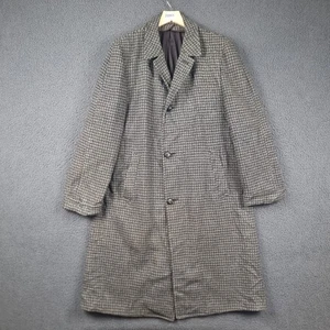 Vintage HARRIS TWEED Coat Mens L Large Grey Long Overcoat Pure Wool Houndstooth - Picture 1 of 16