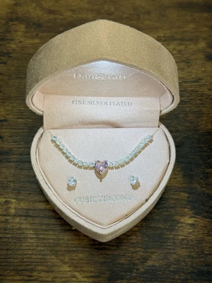 Danecraft Fine Silver Plated Earrings + Necklace Pink Hard Case Cubic Zircona - Image 1 of 4