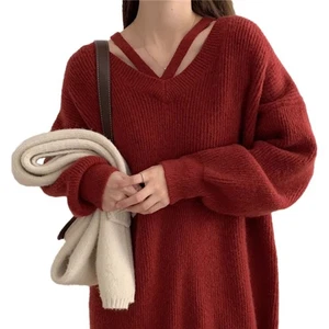 Vestido Suéter Tejido Cuello en V Manga Larga Tejido Pullover Cálido Invierno Suave - Imagen 1 de 5