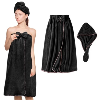 Black Womens Bath Towel Wrap, Hair Drying Towel, Soft Microfiber, Adjustable - Image 1 of 4