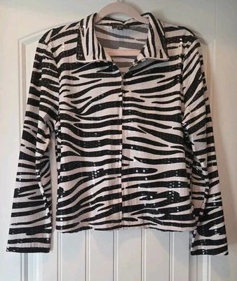 Chaqueta Lisa International Estampado Cebra Brillante Cuadrada Cremallera Completa Cuello Mujer’s PL  Foto 1 de 4