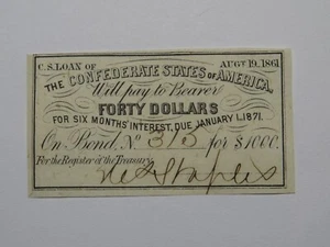 $40 1861 Confederate Bond Coupon Certificate Currency Bank Note Bill UNC - Picture 1 of 2