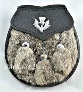 KILT SPORRAN THISTLE CREST GREY RABBIT & LEATHER SEMI-DRESS SCOTTISH MENSWEAR - Picture 1 of 3