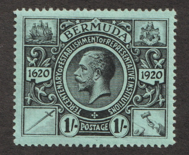 Bermudas 1920 Sc #79 - 1 chelín, tricentenario de la institución - sello MH CV $29 Foto 1 de 1