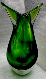 1930 FLAVIO POLI Seguso Encased Fish Tail Green Bud Vase Art Glass 9” - Picture 1 of 10