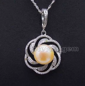 11-13mm Pink Flat Round Pearl & silver Rose Pendant silver 925 Chain 16"-6120 - Picture 1 of 16