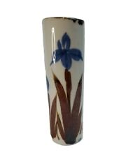 Vintage Gray Cylinder Pottery Vase Iris Design Japan Signed 7"