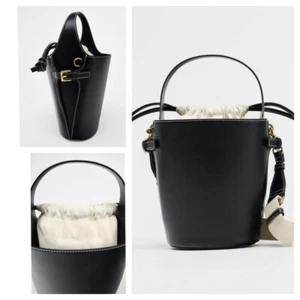 Zara Drawstring Bucket Bag Black 6264/510/800 Metal Buckle Detail Shoulder Strap - Picture 1 of 6