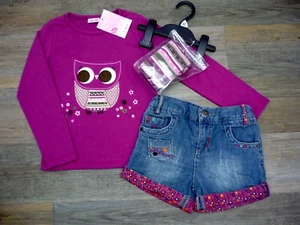 BNWT Vintage Girls OWL T-Shirt Top Emboidered Denim Shorts & Tights Outfit 5-6 - Picture 1 of 8
