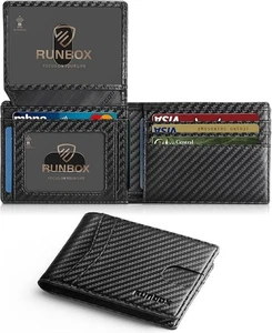 RUNBOX Slim RFID Wallet for Men Carbon Black Leather 15 Card Slots & 2 ID Window - Picture 1 of 6