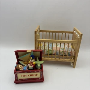 Dollhouse Miniature Wood Oak Nursery Crib with Colorful Fabric W Toy Chest - Picture 1 of 15