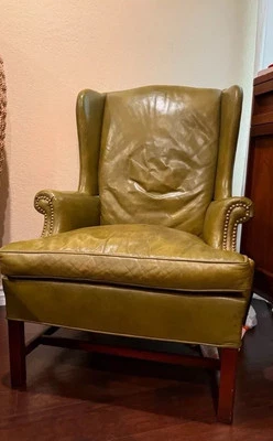 Vintage Antique  Mid Century Green Leather Chair High Back Chair  - Image 1 of 2