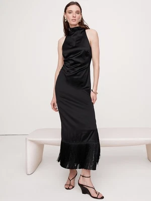 Original Price $250 - BANANA REPUBLIC BLACK FRINGE SATIN MAXI DRESS SIZE 12 - Image 1 of 4