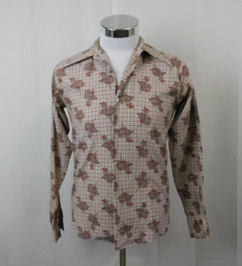 Vintage 70s Kmart Men's Disco Shirt Long Sleeve Brown Plaid Floral #2468 - Picture 1 of 5