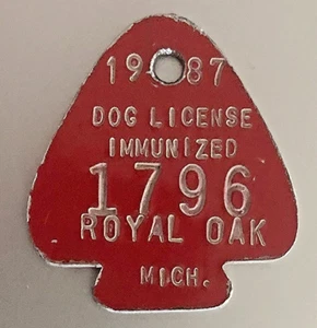 1987 MICHIGAN DOG LICENSE Metal Tag: Royal Oak MI; Owner & Dog Info On Back - Picture 1 of 2