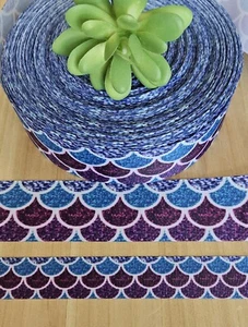 7/8 or 1.5" (1 YD) Mermaid Scales Grosgrain Ribbon Ocean Sea Mermaid Hair Bow  - Picture 1 of 2