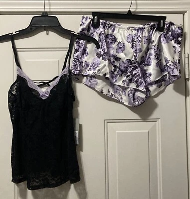Conjunto de 2 piezas corto y sin mangas para mujer Apt 9 íntimos negro púrpura floral talla L nuevo con etiquetas Foto 1 de 4