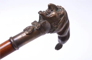 ✅ ANTIQUE CANE WALKING STICK *RARE* FRENCH BRONZE HANDLE WOOD SHAFT 93.5CM 37” - Picture 1 of 12