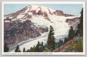 Where Flowers & Glaciers Meet Rainier National Park White Border Postcard - Picture 1 of 2