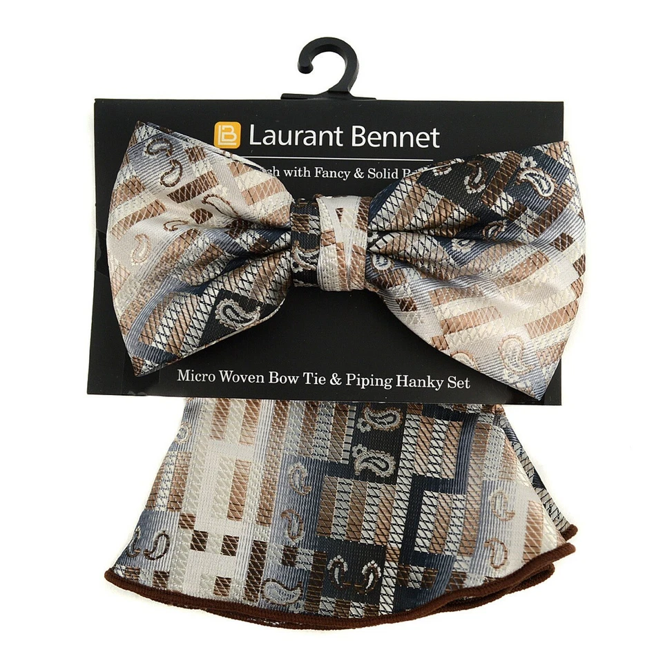 Brown Paisley Banded Bow Tie & Matching Hanky Pocket Round Set - Image 1 of 1