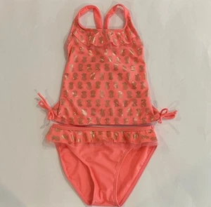 Real Love Coral & Gold Pineapple Tankini Two-Piece Swimsuit Girls 6-6X - Picture 1 of 18
