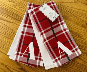 Set of 4 North Pole Trading Co CHRISTMAS Monogram A Kitchen Towel Tartan Red NEW - Picture 1 of 8
