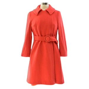 70s Vintage Coral Red Wool Blend Mod Coat Womens M Belted Long Winter O Buckle - Picture 1 of 5