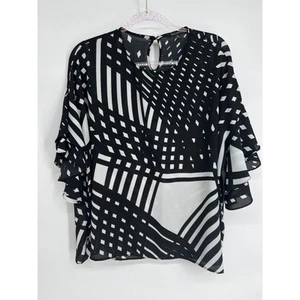 Ellen Weaver Blouse Top Black White Geometric Ruffle Sleeve Plus Size 2X - Picture 1 of 9