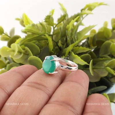 Anillo Solitaire De Ónix Verde Natural Boho 925 Plata Esterlina Para Esposa - Imagen 1 de 4