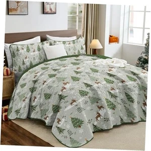  Christmas Quilt Queen, 3 Pieces Green Queen Size Queen96"x90" Christmas Tree - Picture 1 of 8