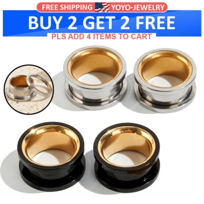 Pair 316 Stainless Steel Double Color Ear Plugs Tunnels Gauges Piercings 2g-3/4" - Image 1 of 4