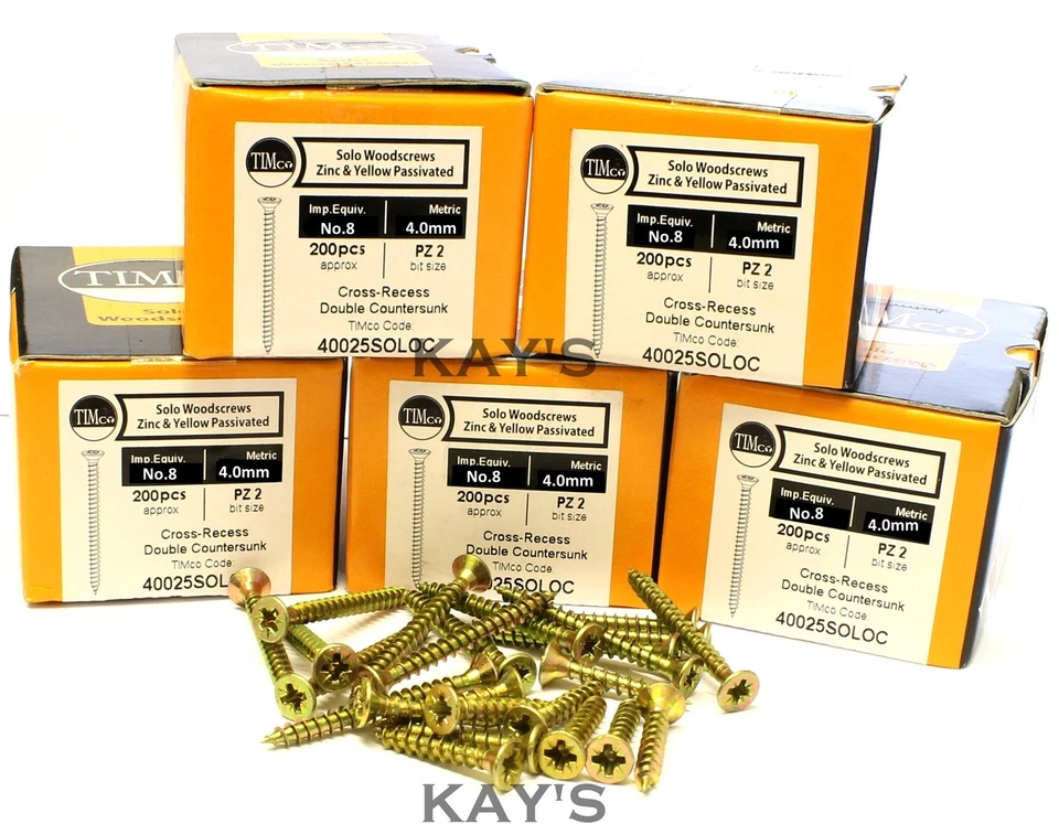 TIMCO BULK TRADE PACK OF 1000 4mm POZI COUNTERSUNK WOOD SCREWS YELLOW ZINC PLATED No.8