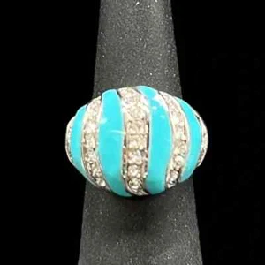 Bague dôme turquoise femme taille 7 pierres blanches CZ ton argent métal - Photo 1 sur 8