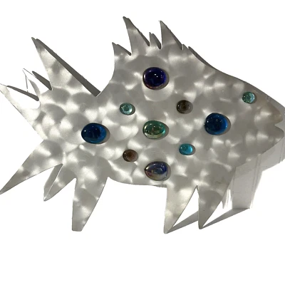 16.5” Metal Art One Of A Kind Two Sided Silver Fish w/Aqua Glass Stones ~ Signed - Image 1 of 4