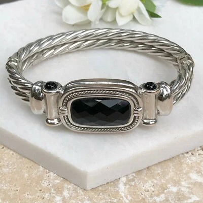 Brazalete Brazalete Estate Oro Blanco 14KT Cabujón Genuino Ónix Cable Giratorio Foto 1 de 4