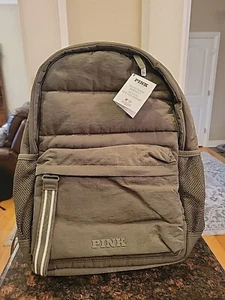 PINK VS QULTED Puffer BACKPACK Olive Color New With Tag & Logo, Lot Pockets. - Picture 1 of 10