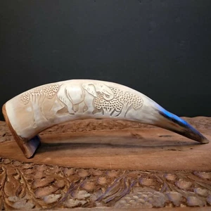 Vintage Carved Bull Horn Folk Art Sculpture elephant jungle scene Art - Picture 1 of 10