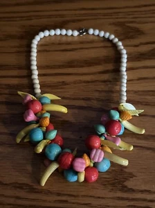 Vintage Fruit Charm Necklace Pastels Plastic 15" Long Banana Leaf Apple Retro - Picture 1 of 6